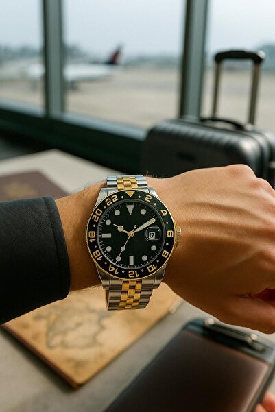 Love The Wind Sports Men's Wristwatch with Calendar - Silver Gold Band & Black Dial