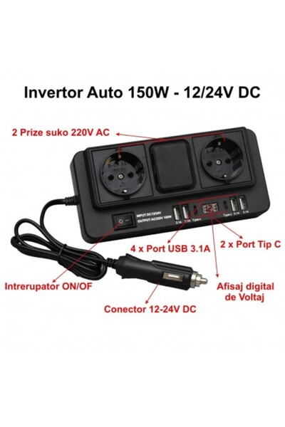 ElectroAZ Car Power Inverter 500W - 12/24V DC to 2 x 220V AC with 4 x USB 3.1 and 2 x Type C
