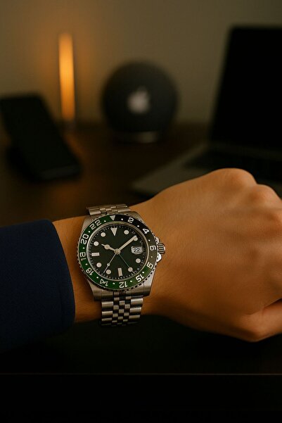 Love The Wind Sports Men's Wristwatch with Calendar - Silver Band & Green Black