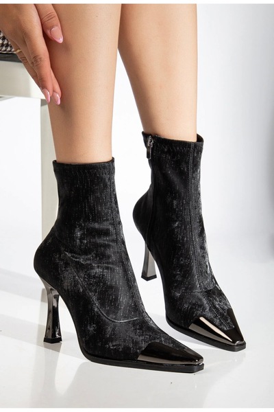 Anıl Ayakkabı Cizme de damă aurii, din catifea neagră, cu vârf ascuțit, stil elegant, pentru noapte și zi cu zi