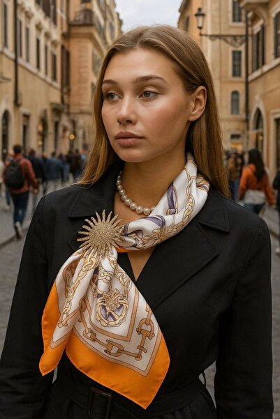 Fularcım Orange Scarf with Pearl Necklace Gift