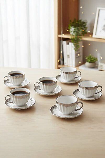 Vadi Enzo 6-Piece Luxury Silver Detailed Porcelain Coffee Cup Set