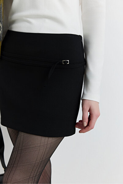 Babushka Black Belted Mini Shorts Skirt