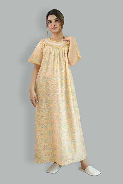 Comfort Over Everything Printed Cotton Yellow Nighty - Lace Neck
