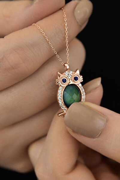 Flamingo 925 Ayar Gümüş Rose Altın Kaplama Lacivert Göz His Taşı Baykuş Kolye