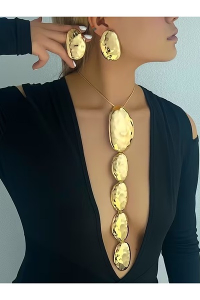 BirYıldızOl Big Exaggerated Disc Necklace Earrings Set Bohemian Jewelry Set