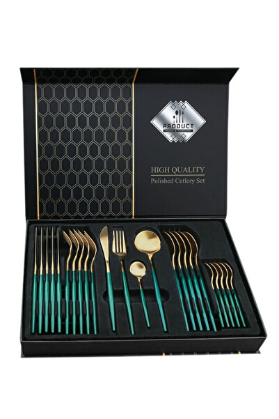 BASE Set of 24 elegant and refined cutlery with a luxurious GREEN and GOLD finish