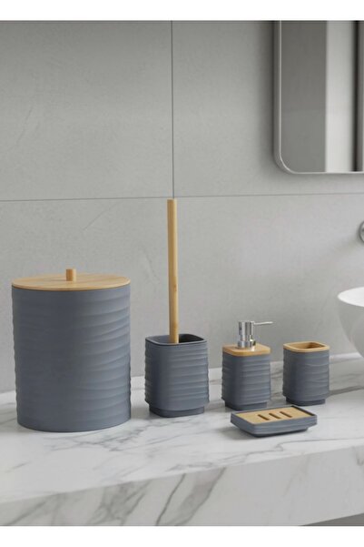 CEZVE HOME Olivia 5 Piece Grey Modern Acrylic Bathroom Set with Bamboo Lid
