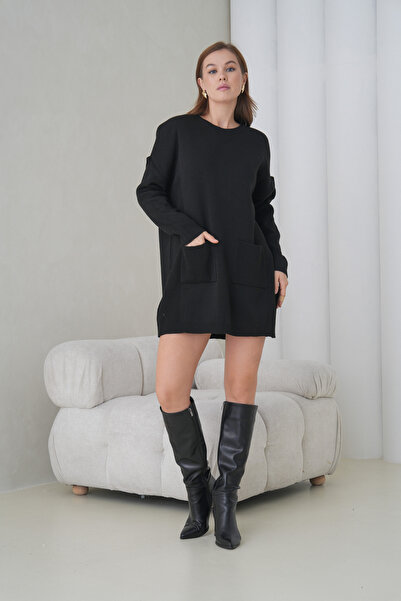 MAMAYAGA Women's Long Sleeves Self Textured Crew Neck Tunic Oversized Stylish Winter Knitwear Sweater Dress with Pockets