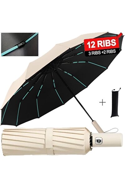 SUAU Automatic Folding Rain Umbrella 12 Windproof Spokes, 106 cm, UV Protection, Compact 32 cm, Beige