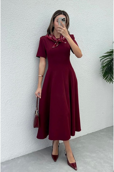 Afiş Butik Rochie midi clopot pentru femei, cu eșarfă, roșu burgundy