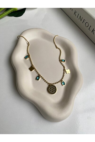 BusradanDesign Mavi Taşlı Charm Detaylı Çelik Kolye 47 cm