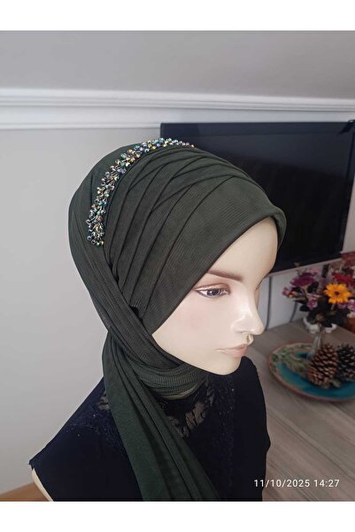BERKE TUHAFIYE AKSESUAR Aksesuarlı Haki Yeşili Önü Eşarp Tipi Arkası Şal Mode...