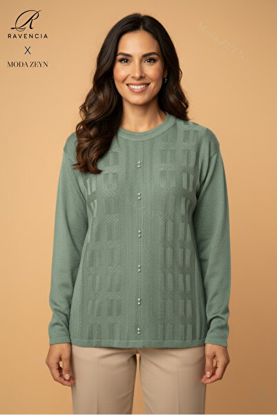 Ravencia Women's Crew Neck Stretch Fabric Patterned Knitwear Mint Green Mother Sweater