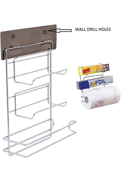 india Indian Decor 3-in-1 Wall-Mounted Chrome Kitchen Roll Holder for Foil, Cling Film, Wax Paper & Paper
