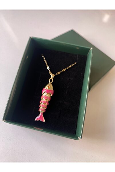BusradanDesign 14K Kaplama Çelik Pembe Şans Balığı Kolye 47 cm