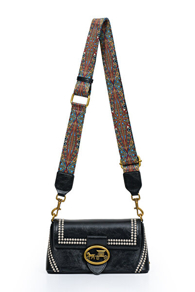 Levidor Authentic Phaeton Women's Shoulder Bag with Metal Logo and Ethnic Pattern Detail Lv930575 Black