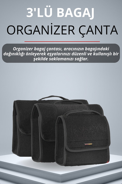 Guerrino 3'lü Cırtlı Keçe Kumaş Oto Bagaj Çantası | Geniş Hacimli,Dayanıklı,A...
