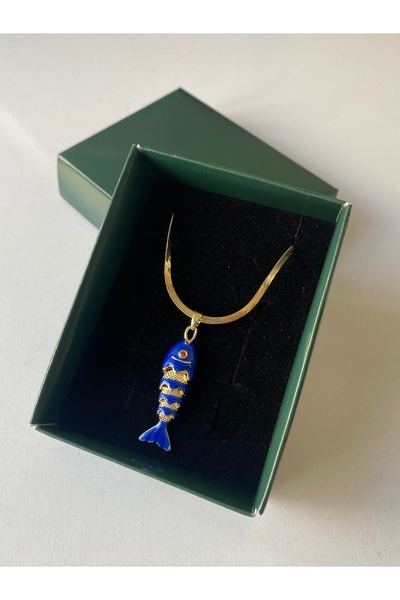 BusradanDesign 14K Kaplama Çelik Lacivert Şans Balığı Kolye 47 cm