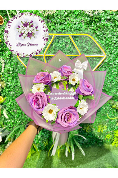 Lilyum Flowers باقة زهور مع مرآة - ورد أرجواني وديزي أبيض