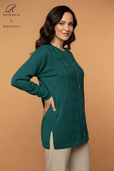 Ravencia Women's Crew Neck Stretch Fabric Patterned Knitwear Nefti Mother Sweater