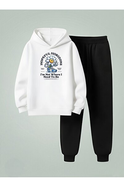 LORVEX Set cu glugă pentru copii HORIZONS Sweat cu imprimeu 3 fire, șnur și l...