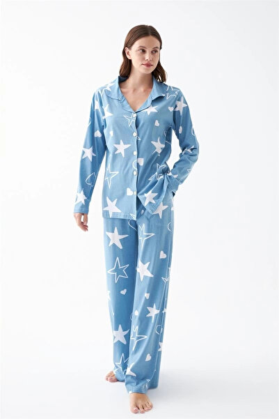 ALFA AKSESUAR 03 Clothing Women's Blue Star Pattern Buttoned Cotton Pajamas Set