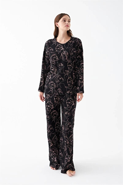 ALFA AKSESUAR 03 Clothing Women Oversized Black Line Art Pattern Cotton Thick Pajamas Set