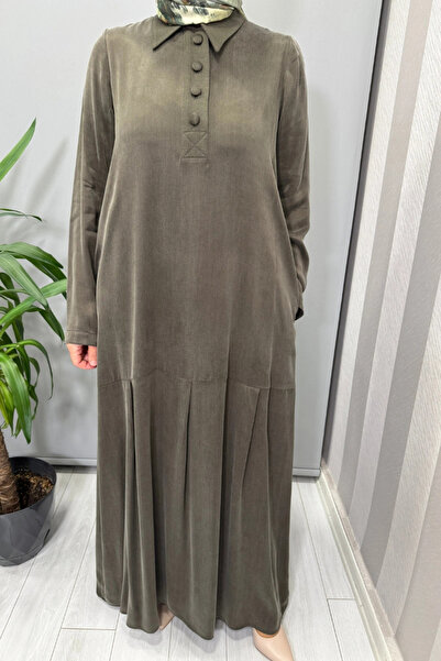 MISS DALIDA Shirt Collar Cupro Dress Khaki T26K-4002