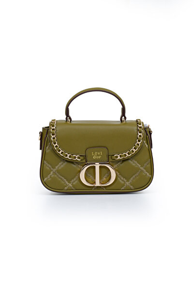 Levidor Quilted Embroidery and Chain Knit Detail Long Strap Medium Size Women's Hand and Shoulder Bag Lv930582 Green