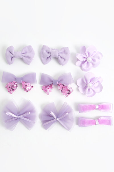 Soar Kids Aksesuar 9'lu Lila Mor Çiçekli Pullu Tül Fiyonk Saç Tokası Seti Kli...