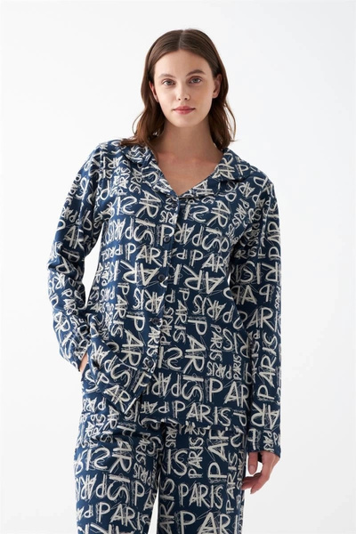 ALFA AKSESUAR 03 Clothing Women's Navy Blue “Paris” Letter Patterned Buttoned Cotton Pajama Set