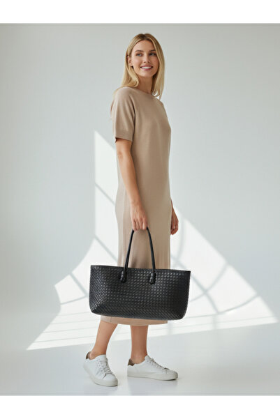 Crazy Women's Black Knitted Patterned Large Size Soft Faux Leather Long Tote Bag |   Shoulder & Arm Bag