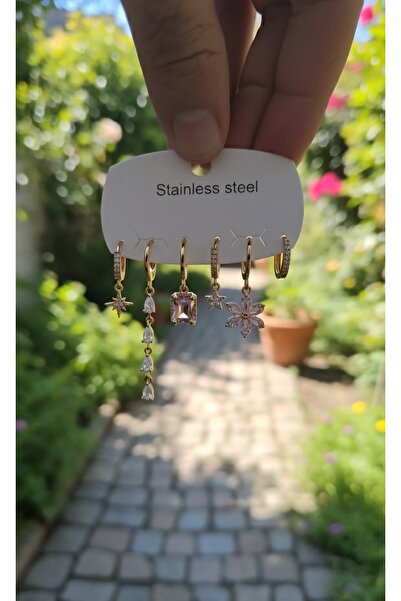 Jewerly 5li Set! Gold Rengi Paslanmaz Çelik Zirkon taşlı Sallantılı Halka Küpe Kombini