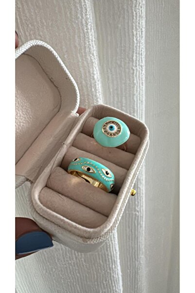 MeLunam Kadın Ayarlanabilir Model Gold Ve su yeşili Mineli Zirkon Taş Detaylı Yüzük Set