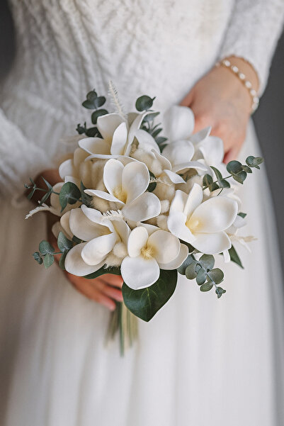 zenya store Manolya Gelin Çiçeği Okaliptüs Detaylı Damat yaka çiçeği