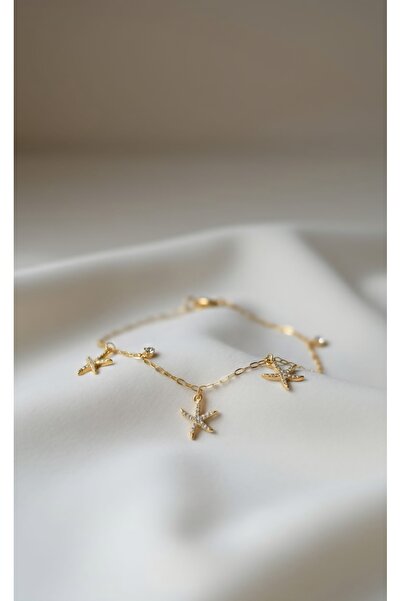 Jewerly Gold Rengi Zirkon Taşlı Deniz Yıldızı Sallantılı İnce Zincir Bileklik...