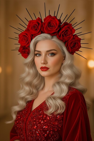 CAŞ DEKORASYON Kırmızı Renk Çiçekli Gelin Kına Tasarım Taç