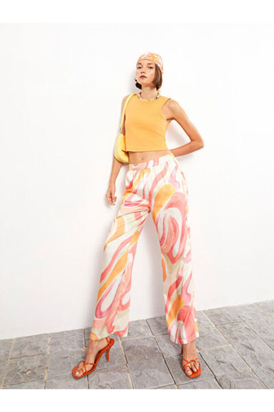 LC Waikiki Patterned Satin Women's Trousers with Elastic Waist