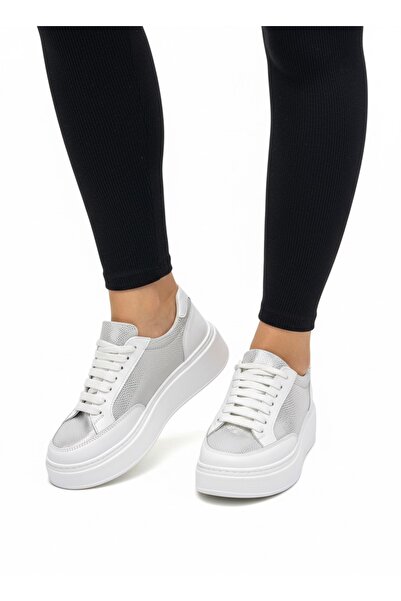 Dağlı Women's White Genuine Leather Sports Sneaker Lace-Up Daily Use Soft Lightweight & Comfortable Sole