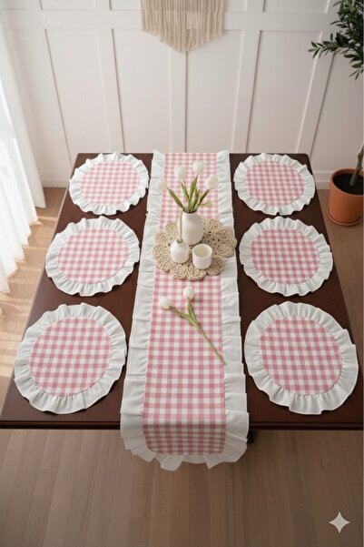 Uçkan home Ruffled Plaid 1 Runner 6 American Service Tablecloth Set - 7-Piece Dowry Set