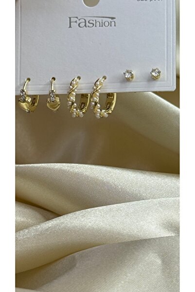 BUSİELLE JEWELRY Gold Boncuklu Altılı Şık Kadın Küpe Seti (3 Çift)