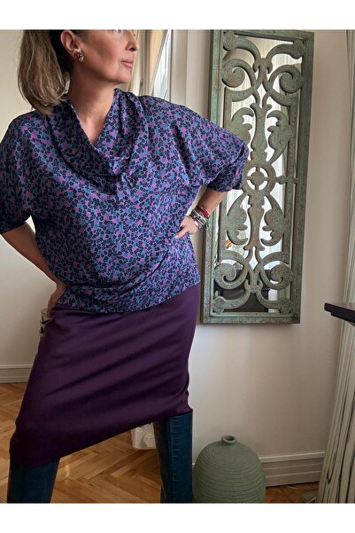 Retrokare Mor Çiçek Desenli Degaje Yaka Oversize Bluz