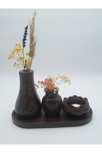 ATEŞLER HEDİYELİK KAHVERENGİ DEKORATİF VAZO VE MUMLUK SET