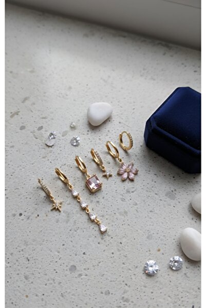 Jewerly 5li Set! Gold Rengi Paslanmaz Çelik Zirkon taşlı Sallantılı Halka Küpe Kombini