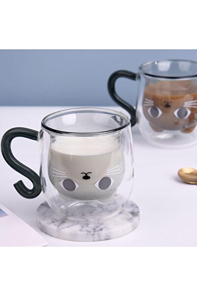 ÇARŞI HANEM Kitten Designed Double Wall Glass Mug with Handle 330ml Gift Kitten Cup Double Glass