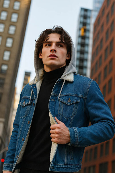 DAMGA JEANS معطف رجالي شتوي من الدنيم الأزرق مع قلنسوة وبطانة من الفرو