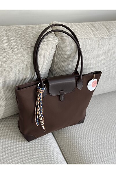 BAGLOVİS Charm Detailled Large Size Brown Tote Bag En40 Boy30