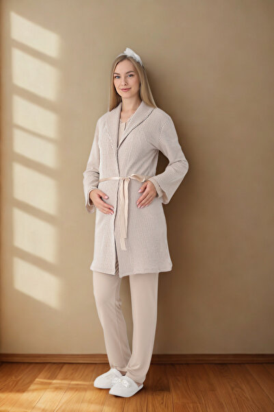 bigmama طقم بيجامة نسائية أنيقة للحوامل من الجاكار البيج مكون من 3 قطع، مريح ...