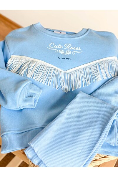 Pinkitokids Babyblue Tassel Detailed Sweatshirt and Flared Leggings Set